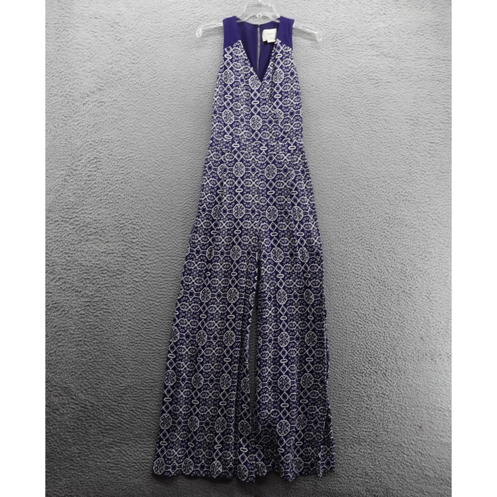 Anthropologie elevenses Audra Wide Leg Jumpsuit 00 Blue White Womens Geometric‎